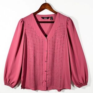 Dennis Basso Georgette Button Front Blouse Rhinestone Dusty Rose Size XS NWT